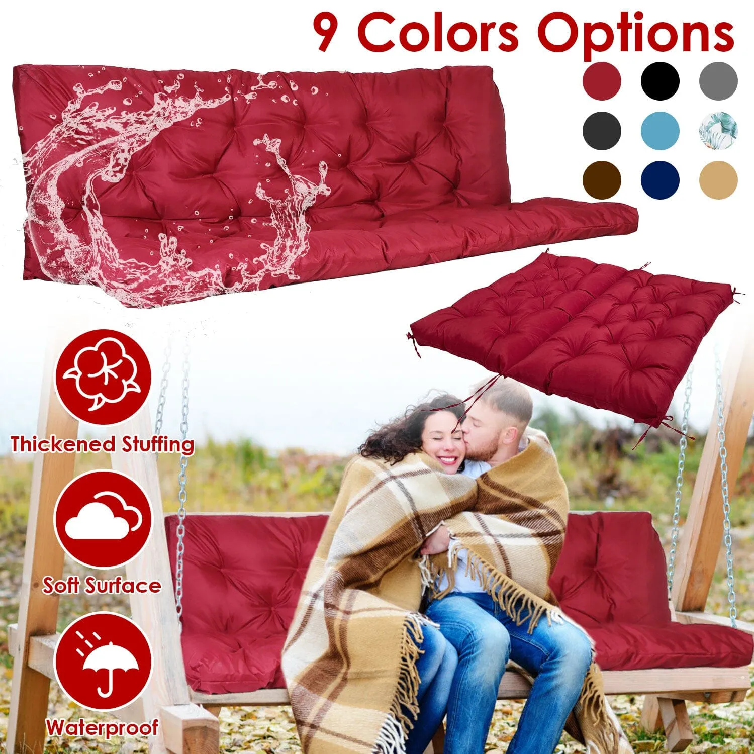2-3 Seater Swing Cushion Replacement Swing Beach Pads with Backrest 8-Tie Straps