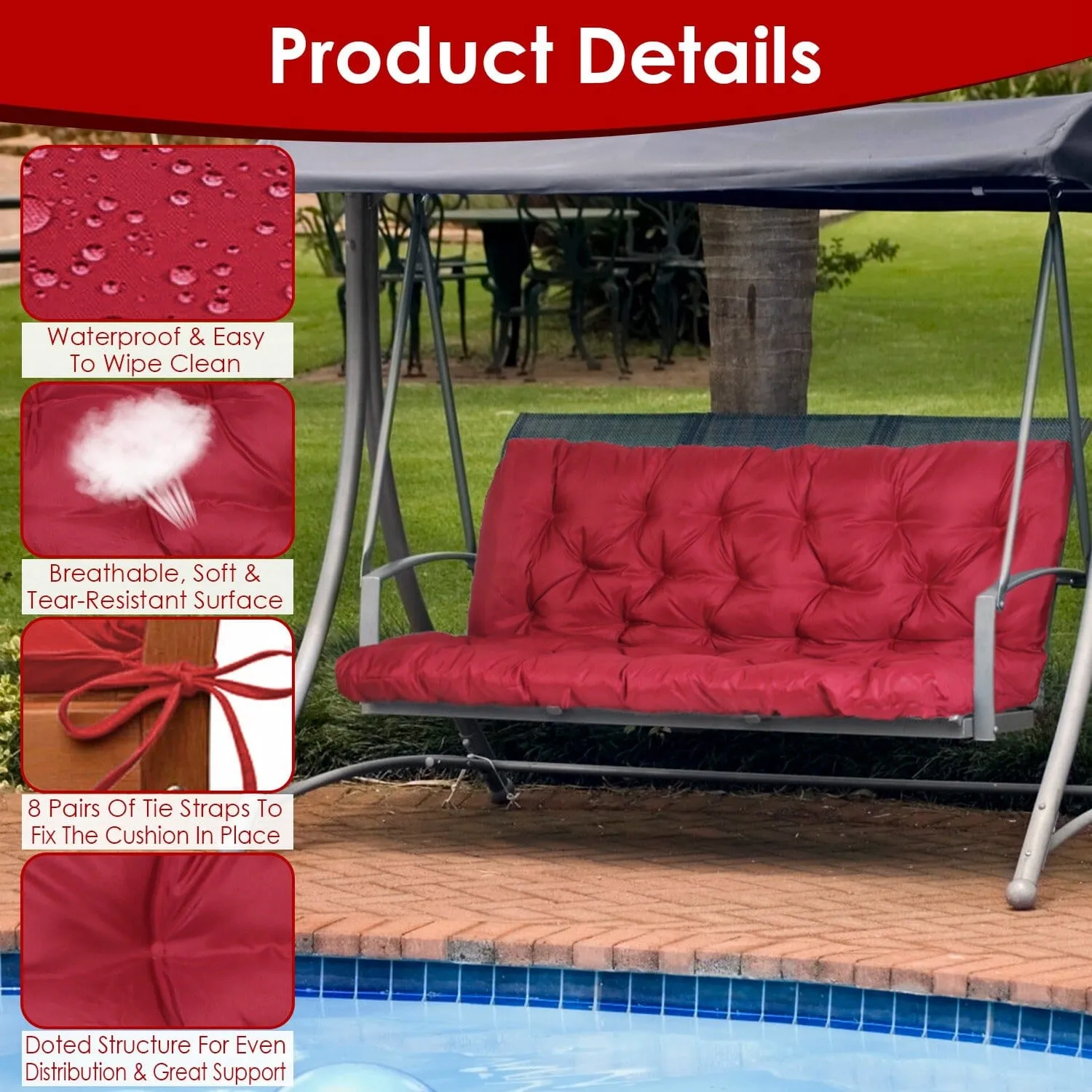 2-3 Seater Swing Cushion Replacement Swing Beach Pads with Backrest 8-Tie Straps