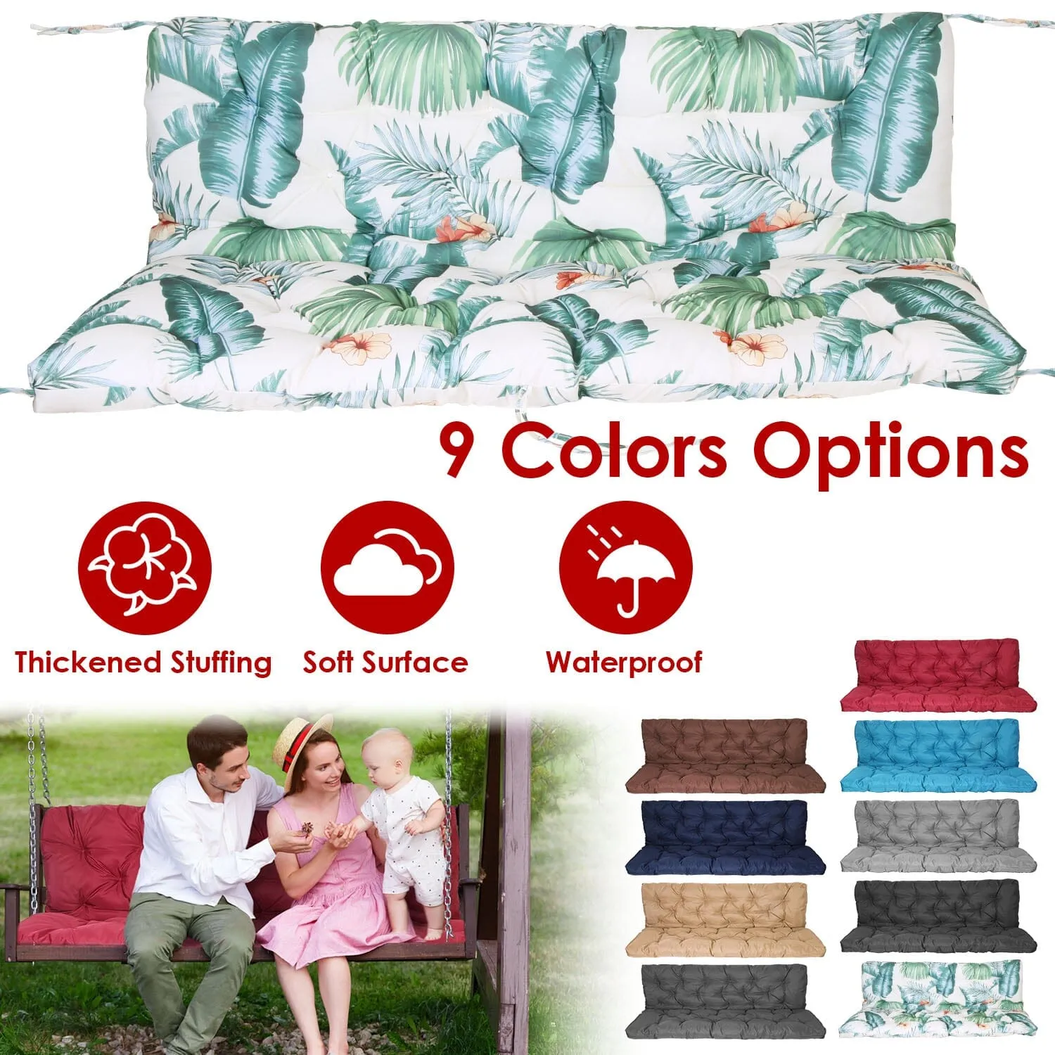 2-3 Seater Swing Cushion Replacement Swing Beach Pads with Backrest 8-Tie Straps