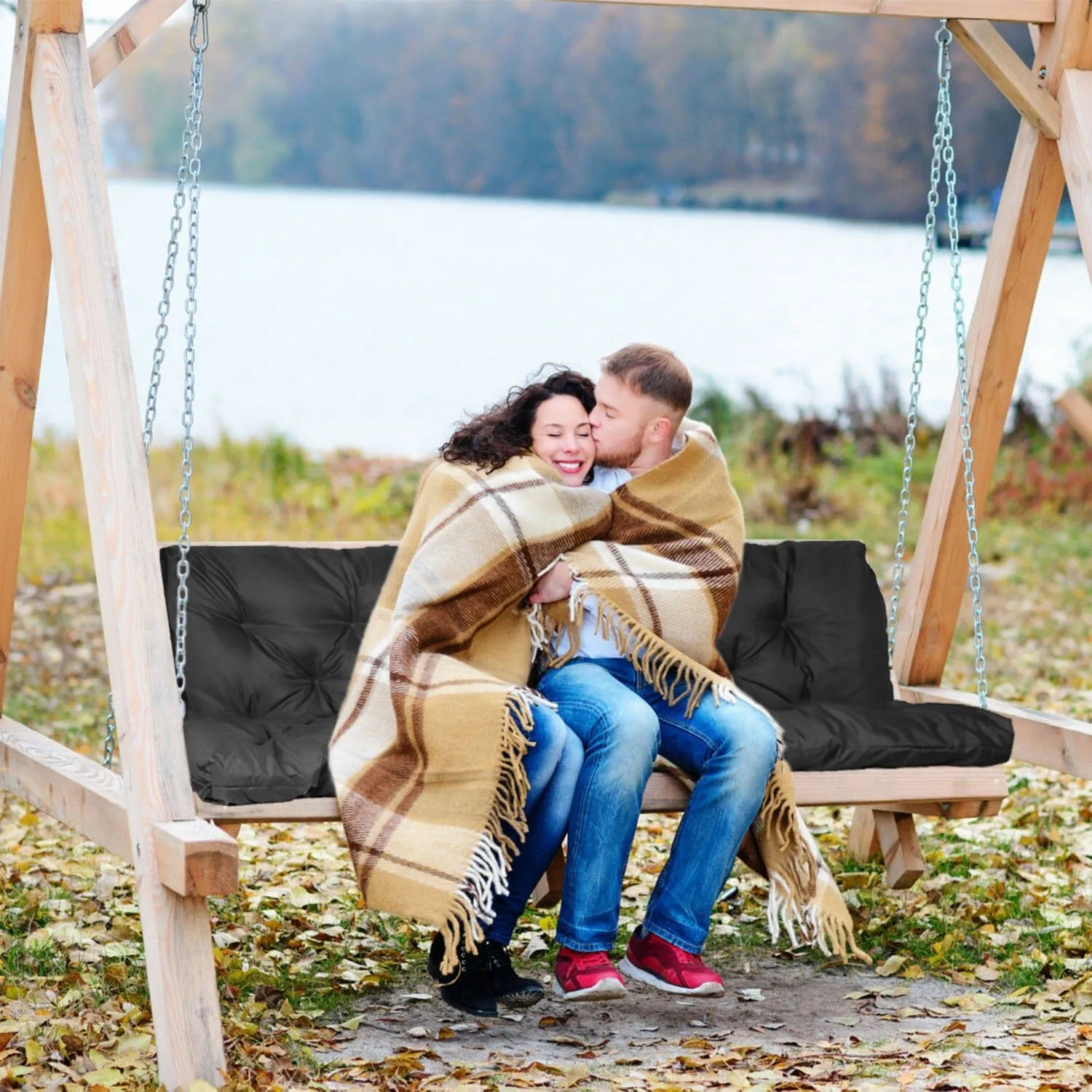 2-3 Seater Swing Cushion Replacement Swing Beach Pads with Backrest 8-Tie Straps
