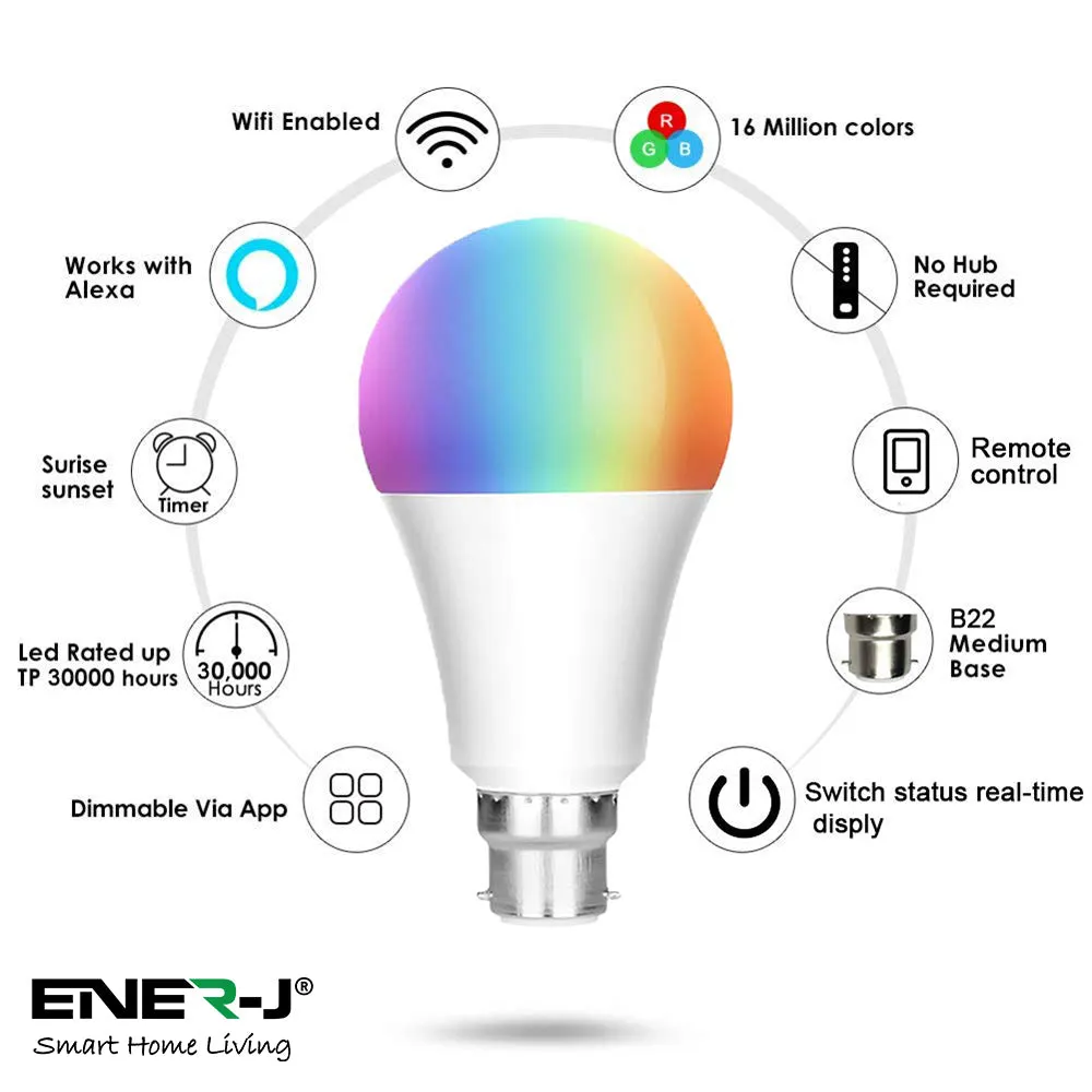 9W Smart Colour Changing Light Bulb, B22 RGB CCT Colour Changing Bulbs, Bluetooth APP Control LED Bulbs Bayonet, Dimmable RGB and White Light, Mood Light for Room Decor & Party