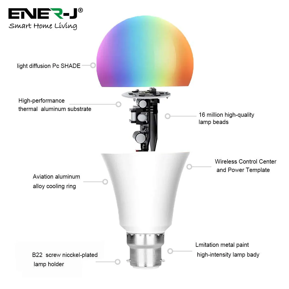 9W Smart Colour Changing Light Bulb, B22 RGB CCT Colour Changing Bulbs, Bluetooth APP Control LED Bulbs Bayonet, Dimmable RGB and White Light, Mood Light for Room Decor & Party