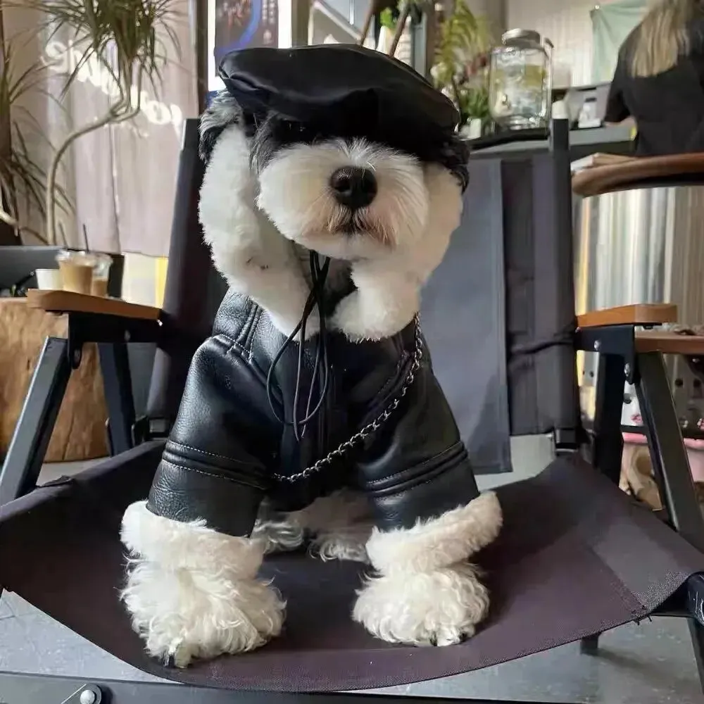 Anniepaw Winter Warm Jacket Wool Sweater Leather Coat for Small Dogs