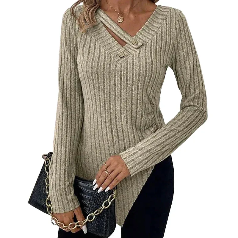 Asymmetric Hem V-Neck T-Shirt for Fall Days - Women's Ribbed Top
