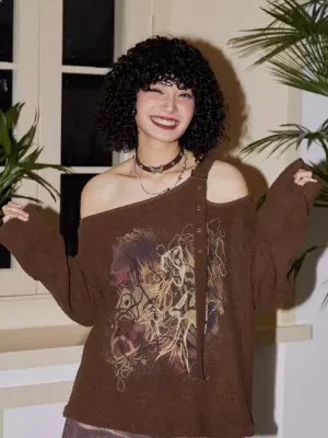 Retro Strapless Long Sleeve Printed Loose Sweatshirt【s0000007109】